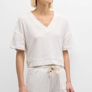 Sol Angeles White V-Neck Pullover Short Sleeve Terry Raw Midi Top Size M NWT